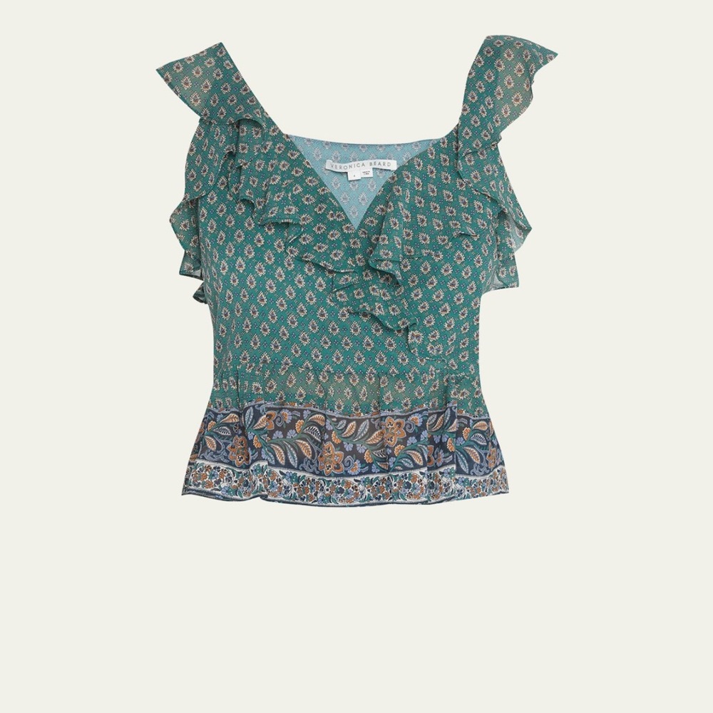 Veronica Beard Teal Patterned Ruffle Blouse